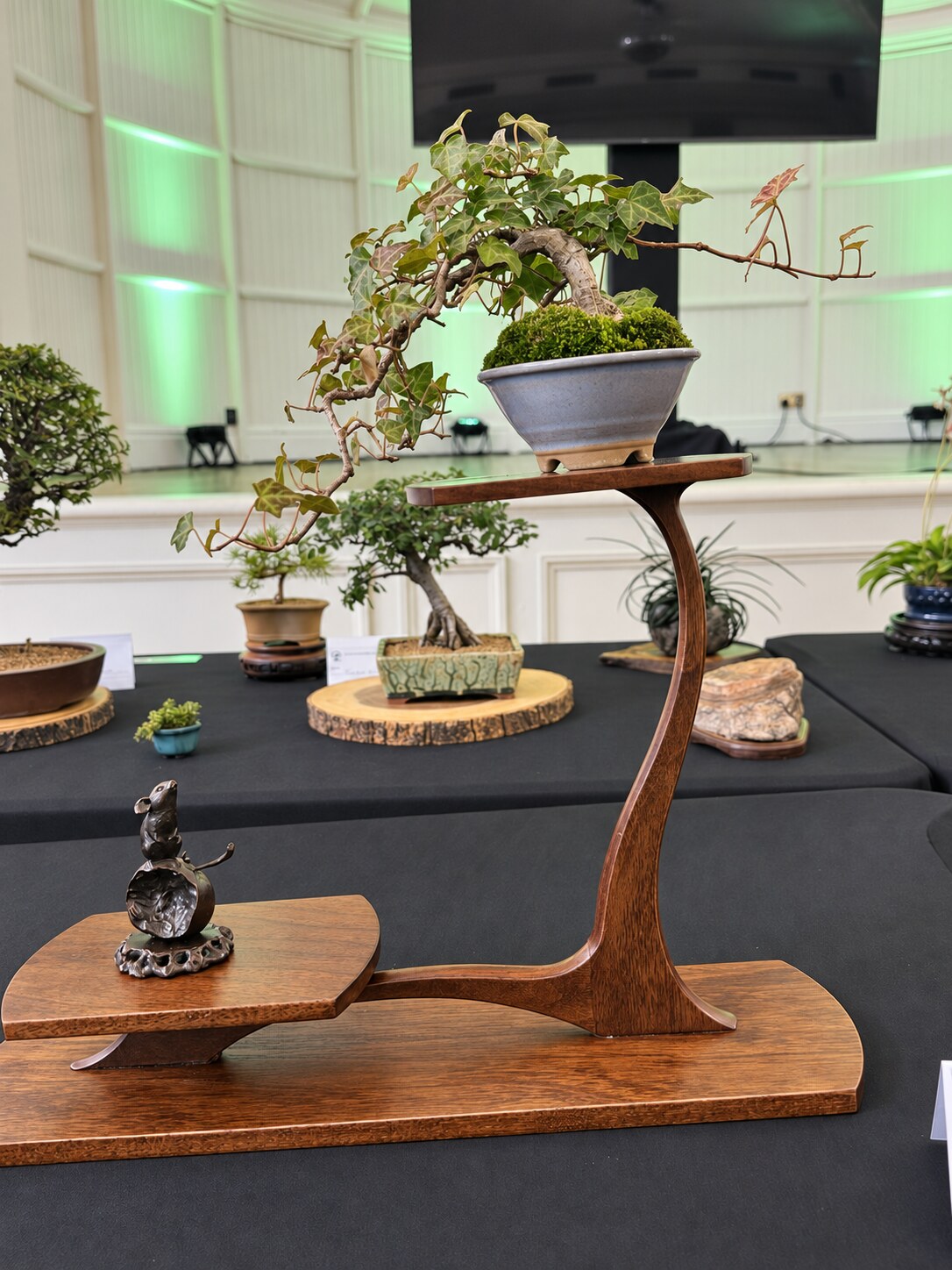 Ivy bonsai on a sculptural wooden stand with a small figurine